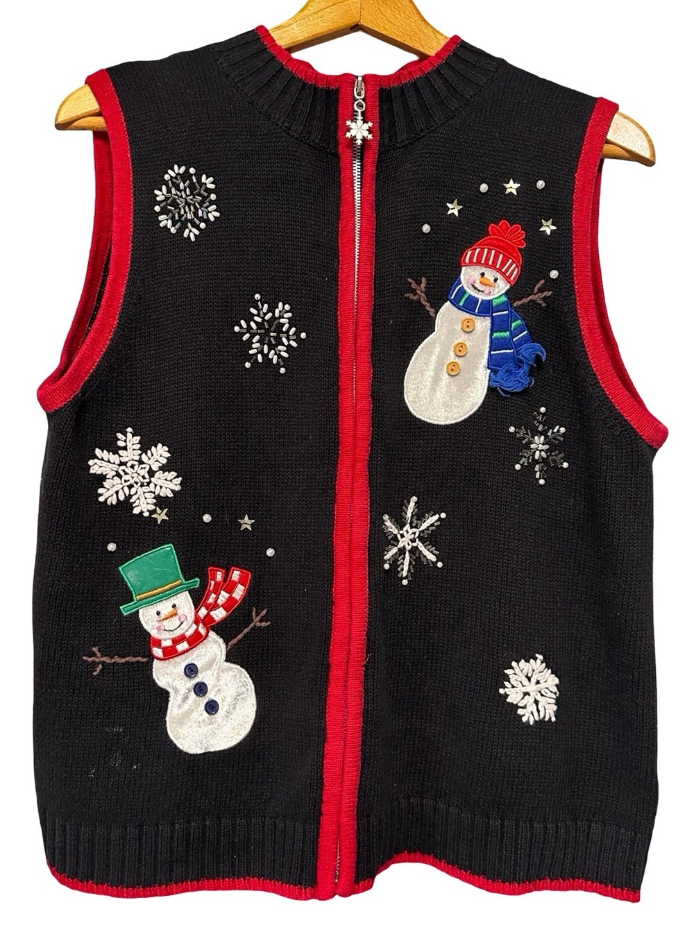 VTG 90s Studio Joy Black Red Snowman Knit Embroidered Vest SZ L Holiday Winter
